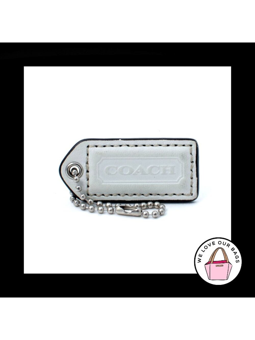 2" Medium COACH WHITE Leather Nickel Key Fob Bag Charm Keychain Hang Tag